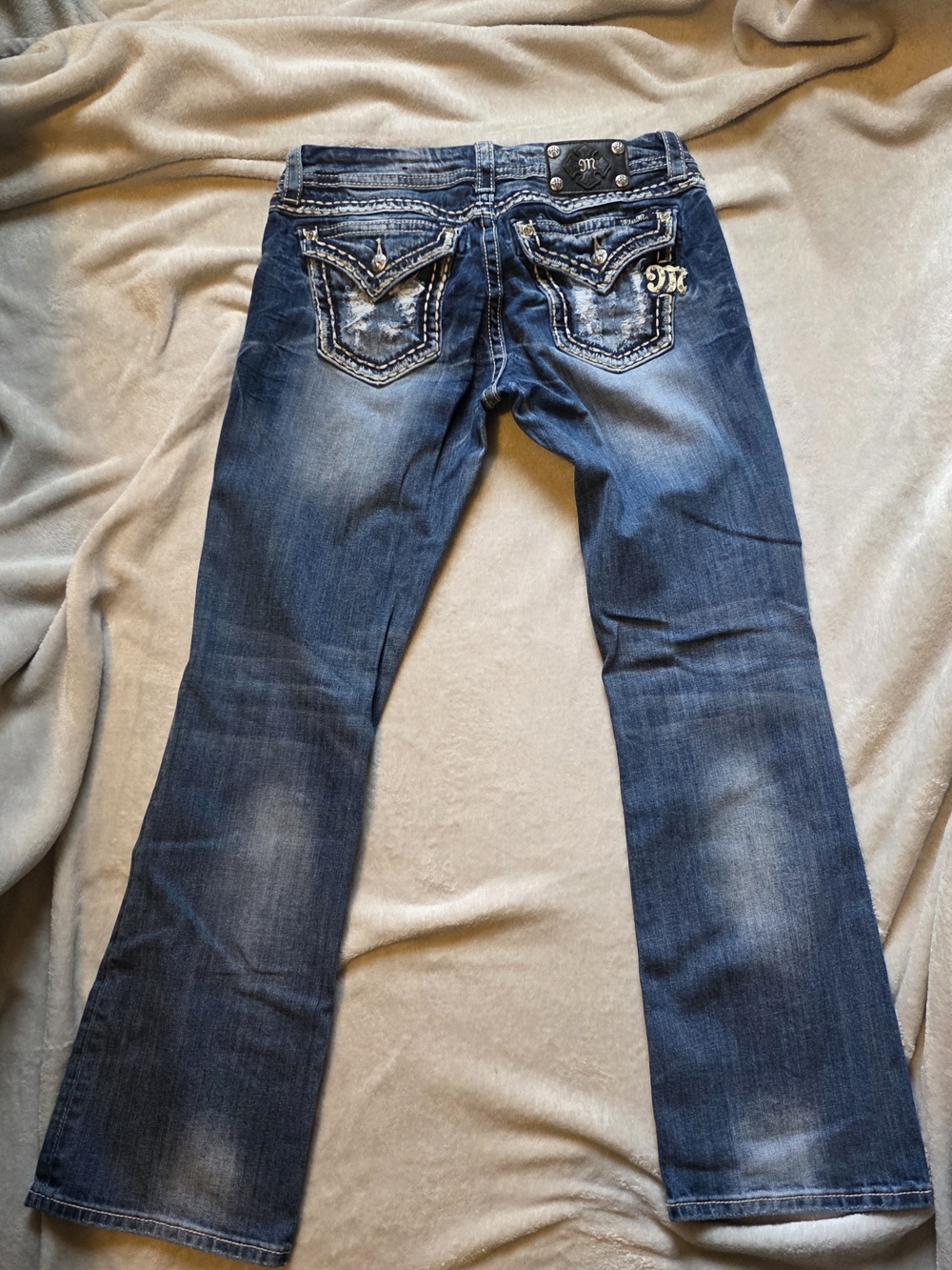 Miss Me Distressed Medium Blue Flare Jeans with Embellished Back Pockets